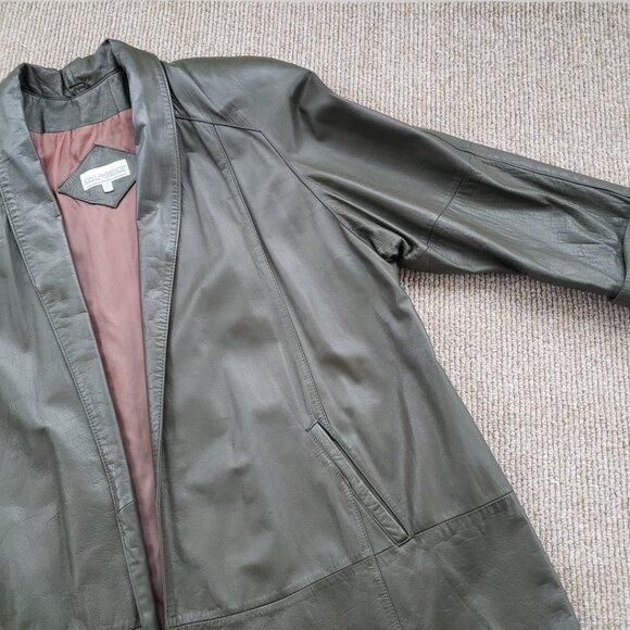 Vintage 80s Leather Swing Coat Women's 2X Olive Green - Picture 4 of 11